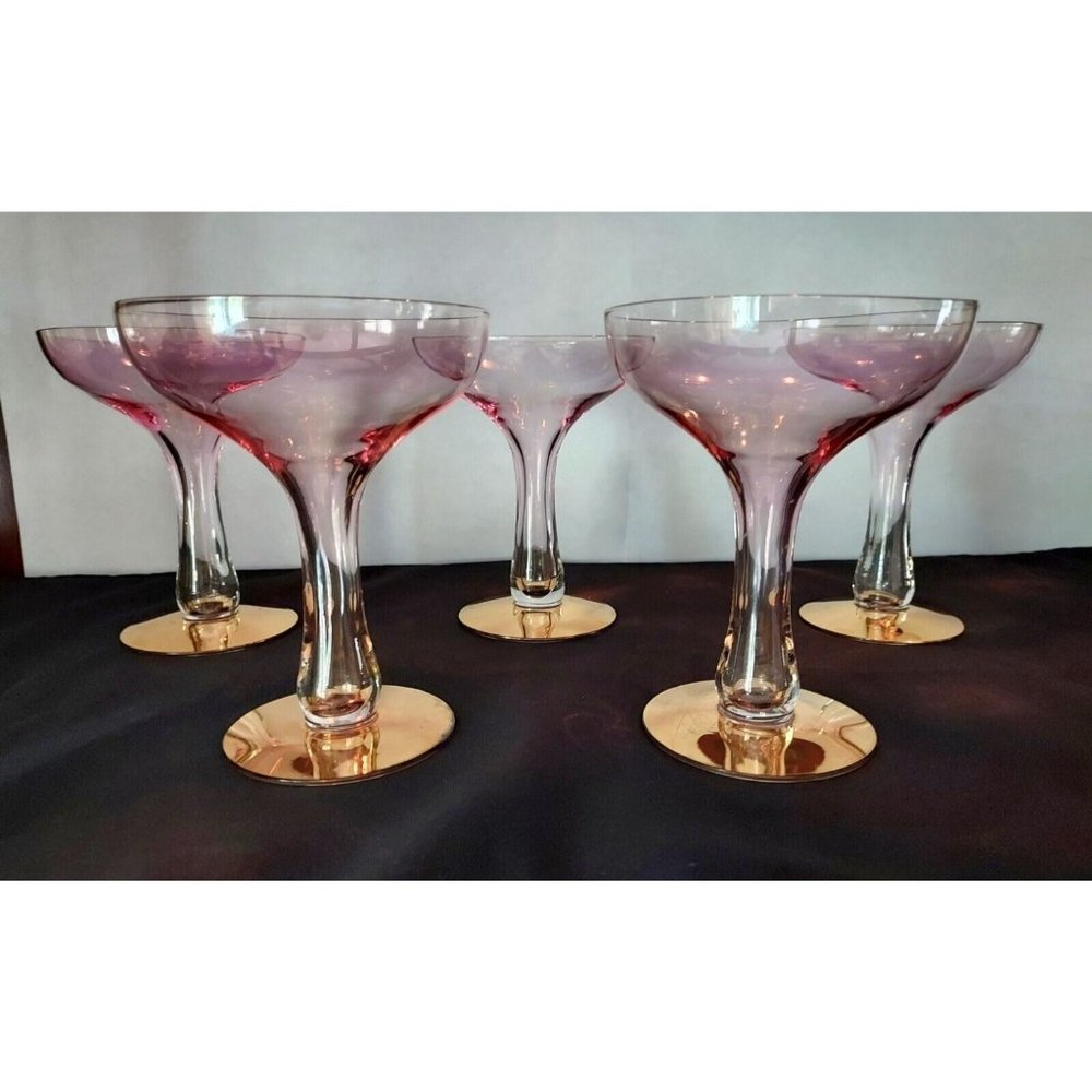 5-Vintage Pink & 22k Gold Gilt, Hollow  Stem Cocktail, ChampagCoupe Glass 1920's